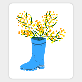 Rubber boots Wellies blue Wellington boots and mimosa flower Magnet